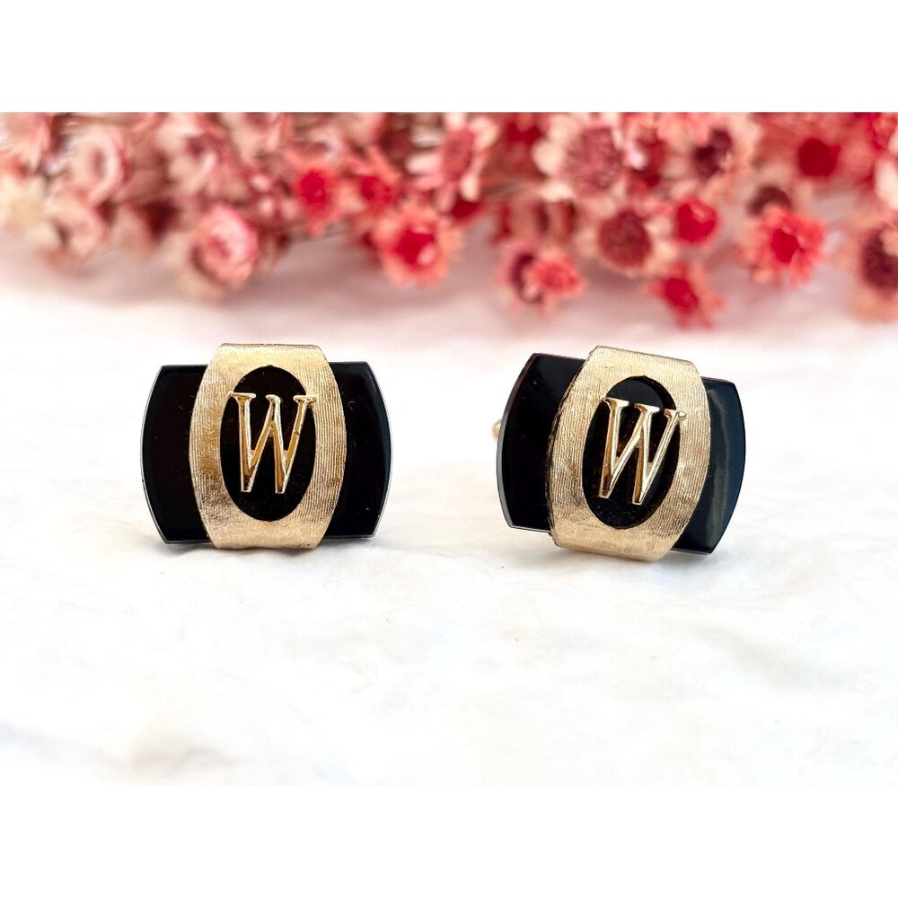 Swank Signed Black & Gold Toned W Emblem 80's Retro Square Vintage Cufflinks